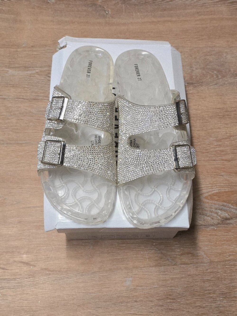 Forever 21 Crystal Rhinestone Double-Buckle Jelly Slide Sandals Size 10